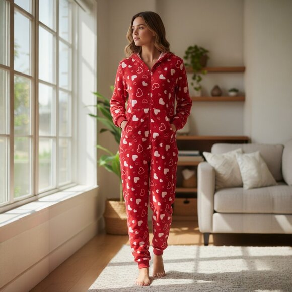 Angelina Other - Angelina Red Heart Print Hooded One-Piece Pajamas | Zip-Up Fleece | S/M & L/XL